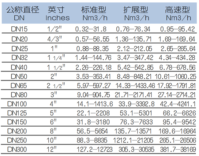 氫氣熱式氣體質量流量計流量范圍表